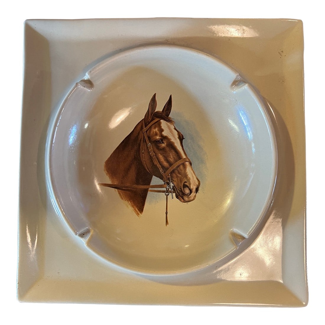 Mid Century Modern Horse Ashtray by Hyalyn: Large square horse ceramic astray . Saddled horse Eames Era. Marked on the corked bottom. The hyalyn Porcelain Company was in business from 1943 to 1973 in Hickory, North Carolina Condition: