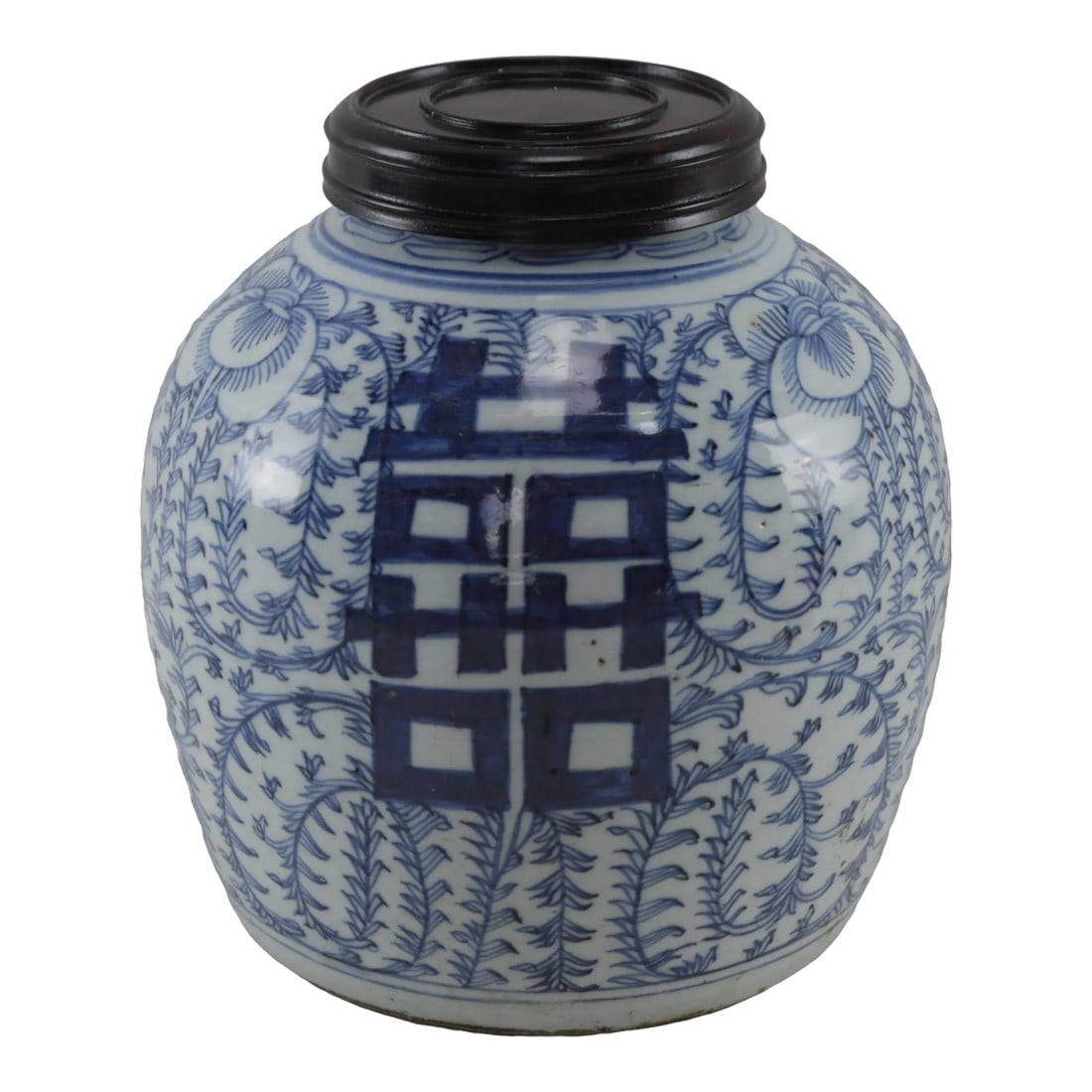 China Mid-Qing Blue and White Porcelain Ginger Jar.: China mid-Qing blue and white porcelain ginger jar. The jar's body is decorated with cobalt blue underglaze flowers, with double happiness symbols on the front and back, and later generations added a