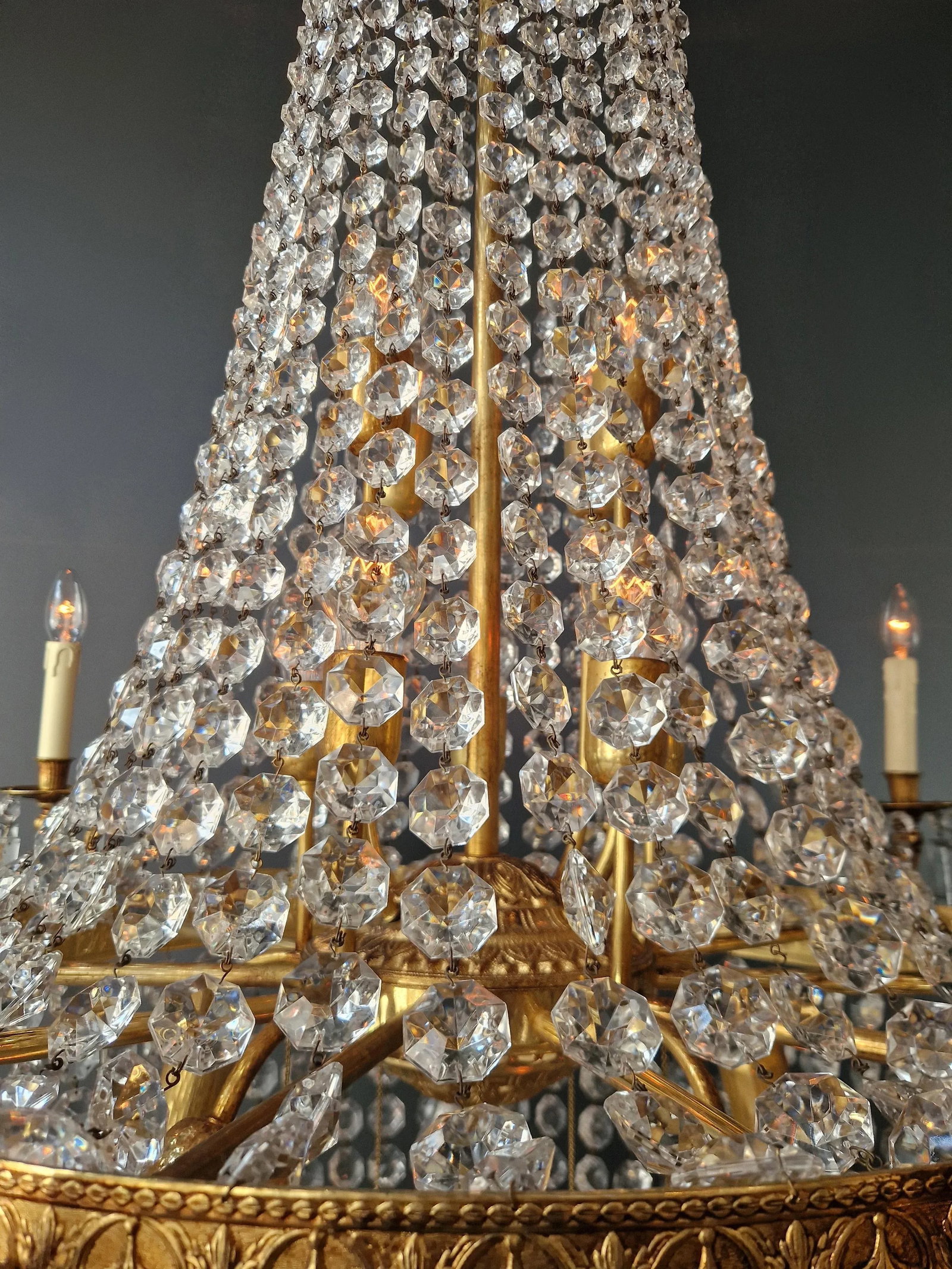 1910s Empire Brass Crystal Lustre Chandelier Ceiling Light - 10