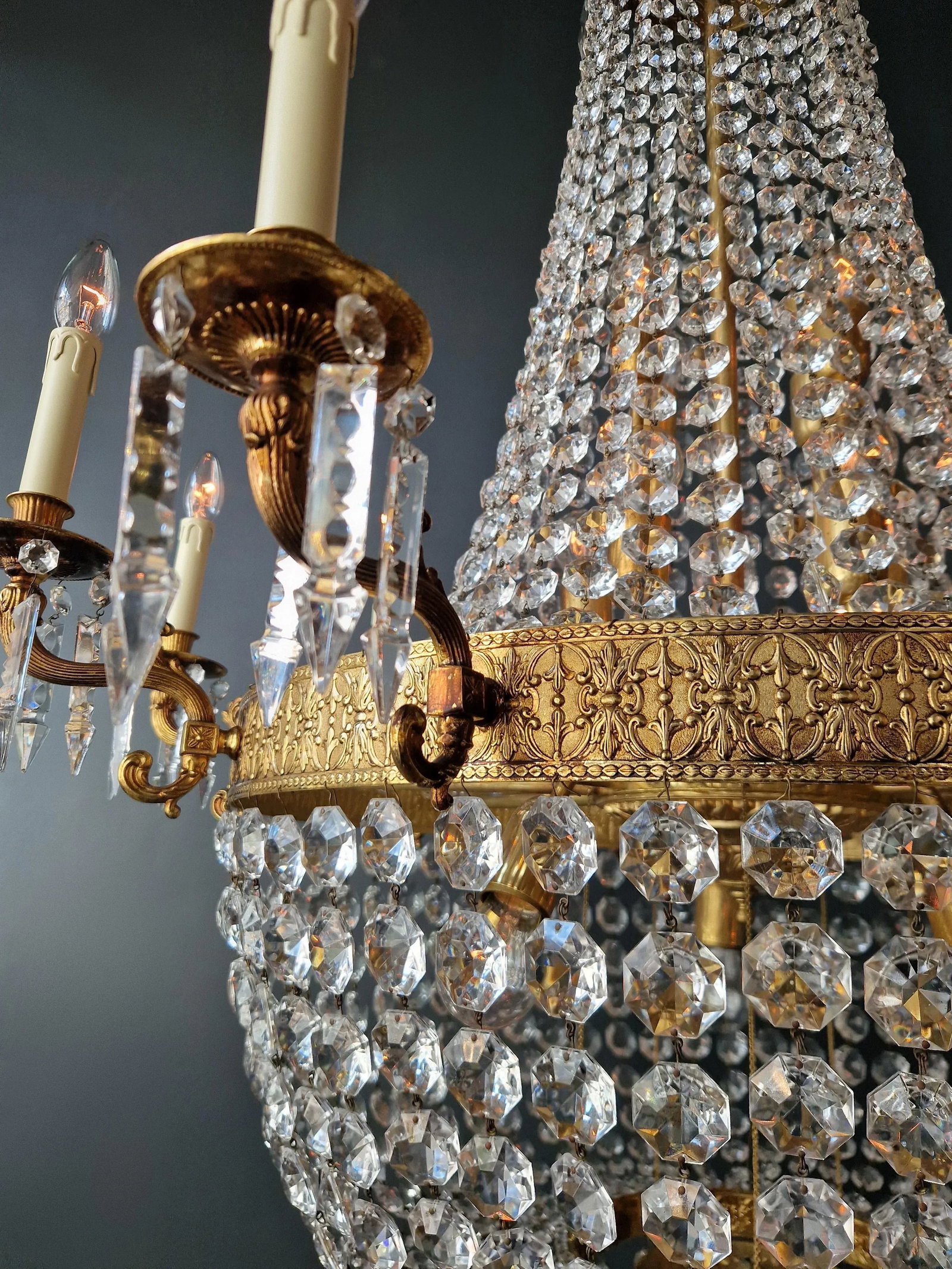 1910s Empire Brass Crystal Lustre Chandelier Ceiling Light - 11