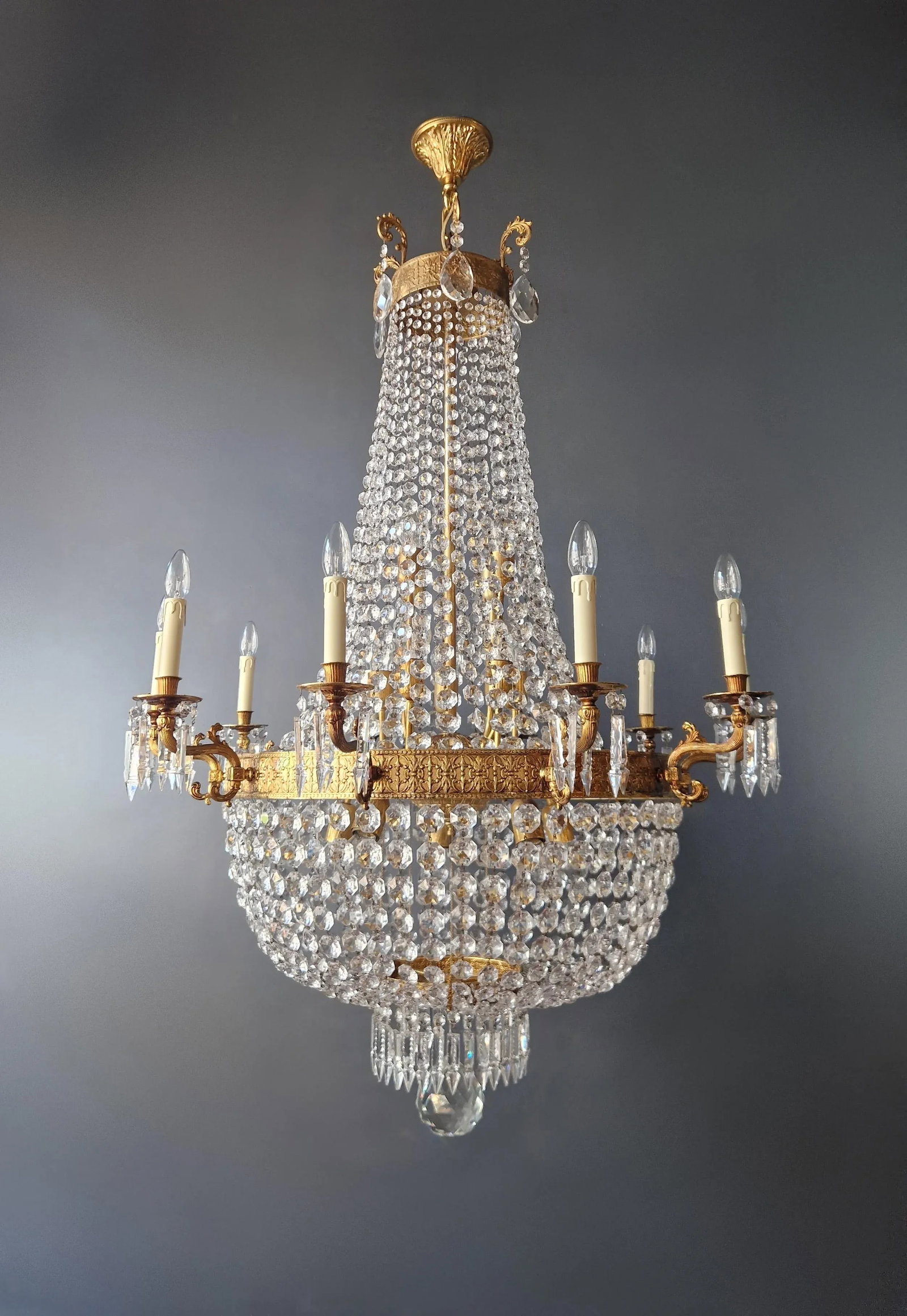 1910s Empire Brass Crystal Lustre Chandelier Ceiling Light - 12