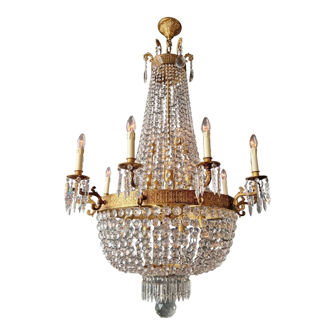 1910s Empire Brass Crystal Lustre Chandelier Ceiling Light (1 of 12)