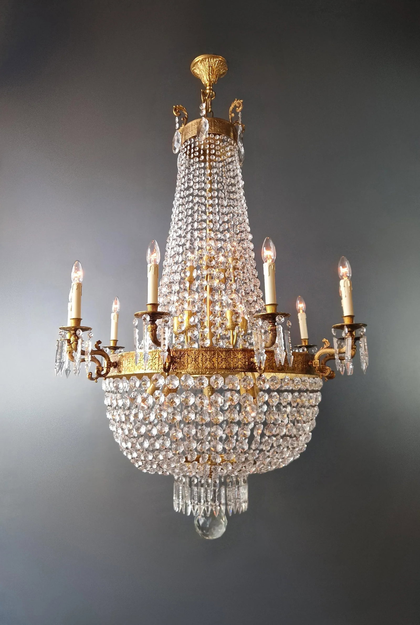1910s Empire Brass Crystal Lustre Chandelier Ceiling Light - 2