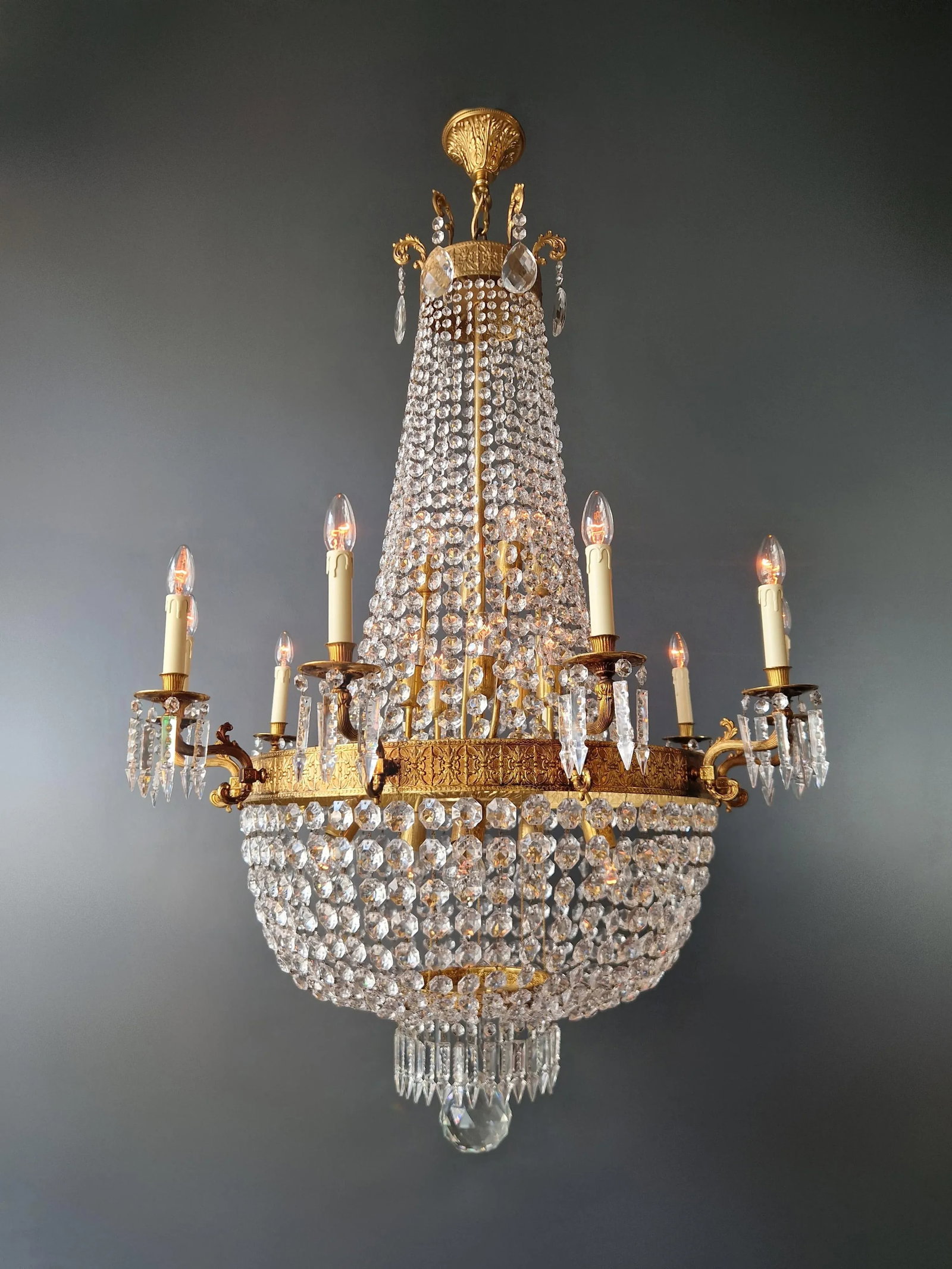 1910s Empire Brass Crystal Lustre Chandelier Ceiling Light - 3