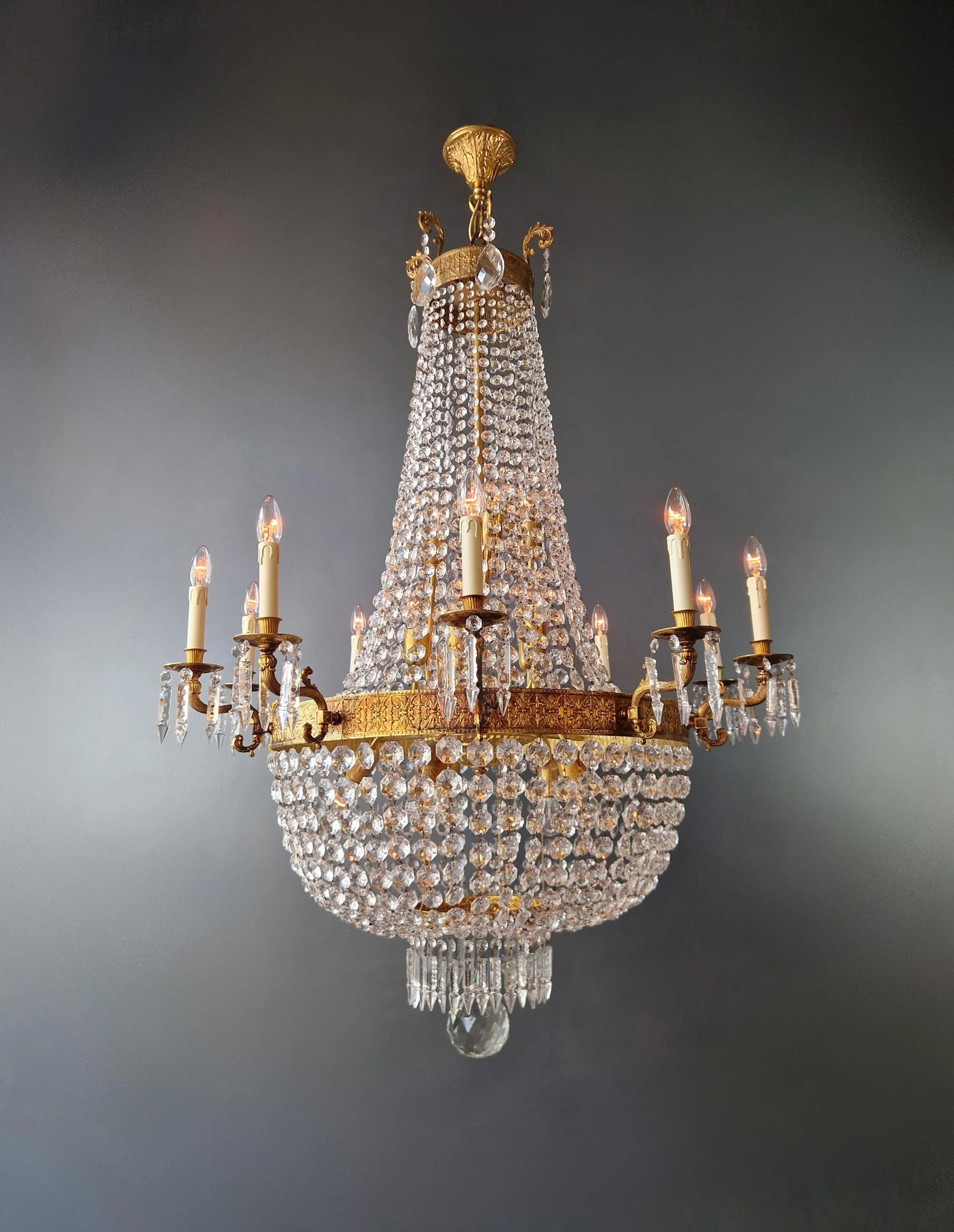 1910s Empire Brass Crystal Lustre Chandelier Ceiling Light - 4