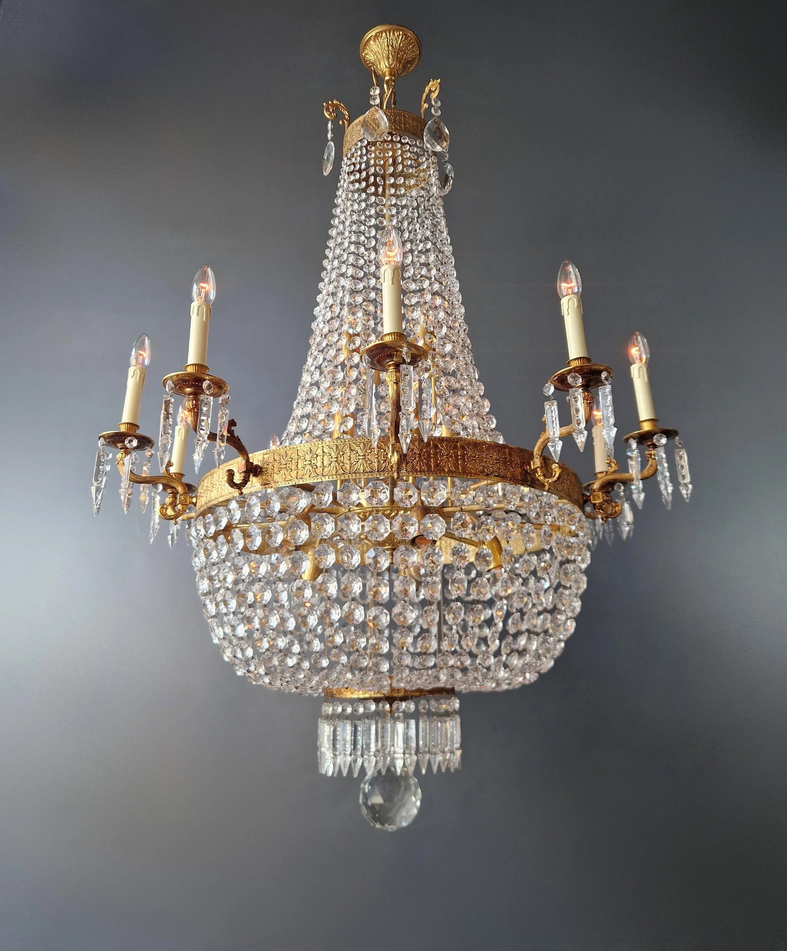 1910s Empire Brass Crystal Lustre Chandelier Ceiling Light - 5