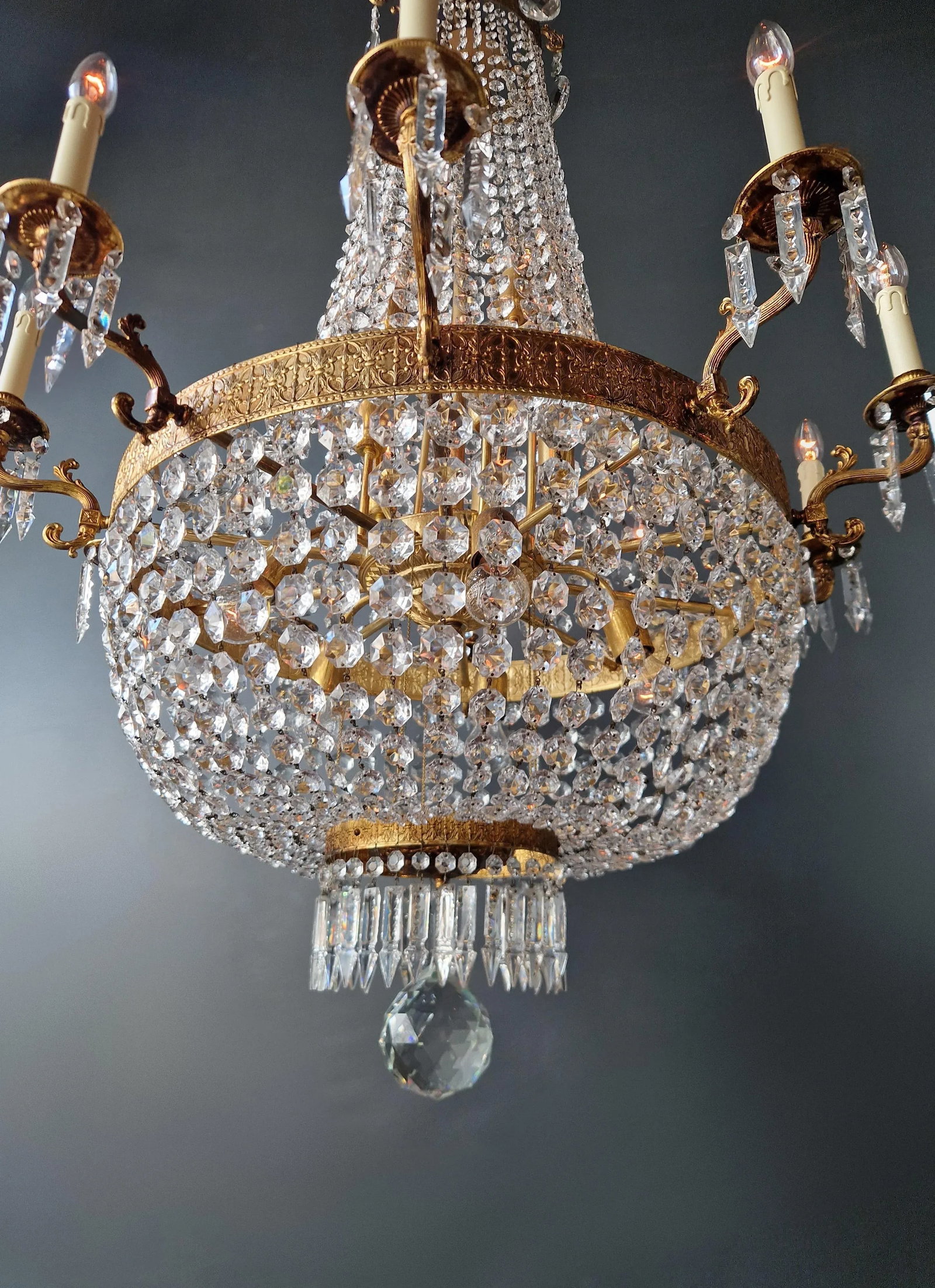 1910s Empire Brass Crystal Lustre Chandelier Ceiling Light - 6