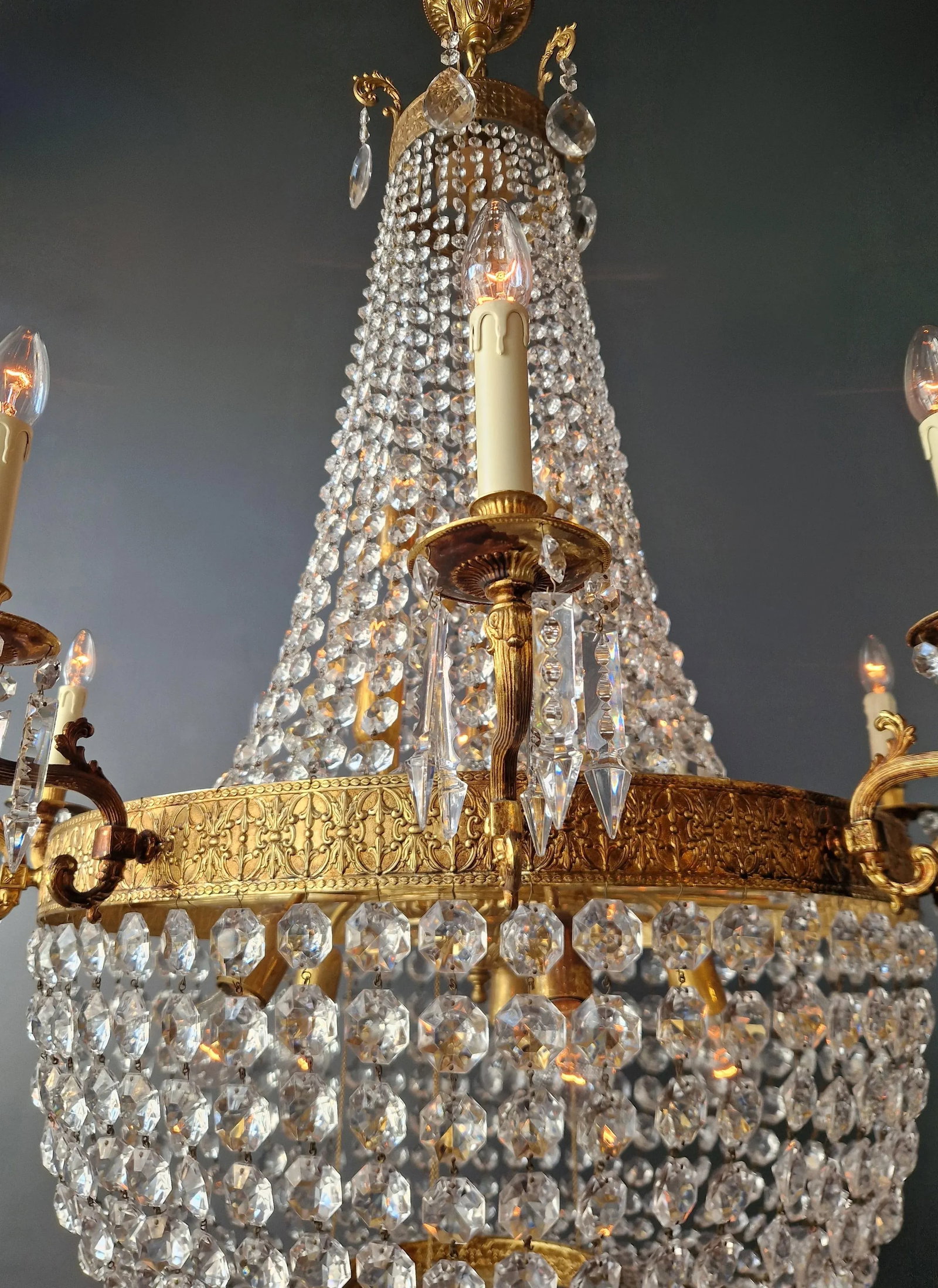 1910s Empire Brass Crystal Lustre Chandelier Ceiling Light - 7
