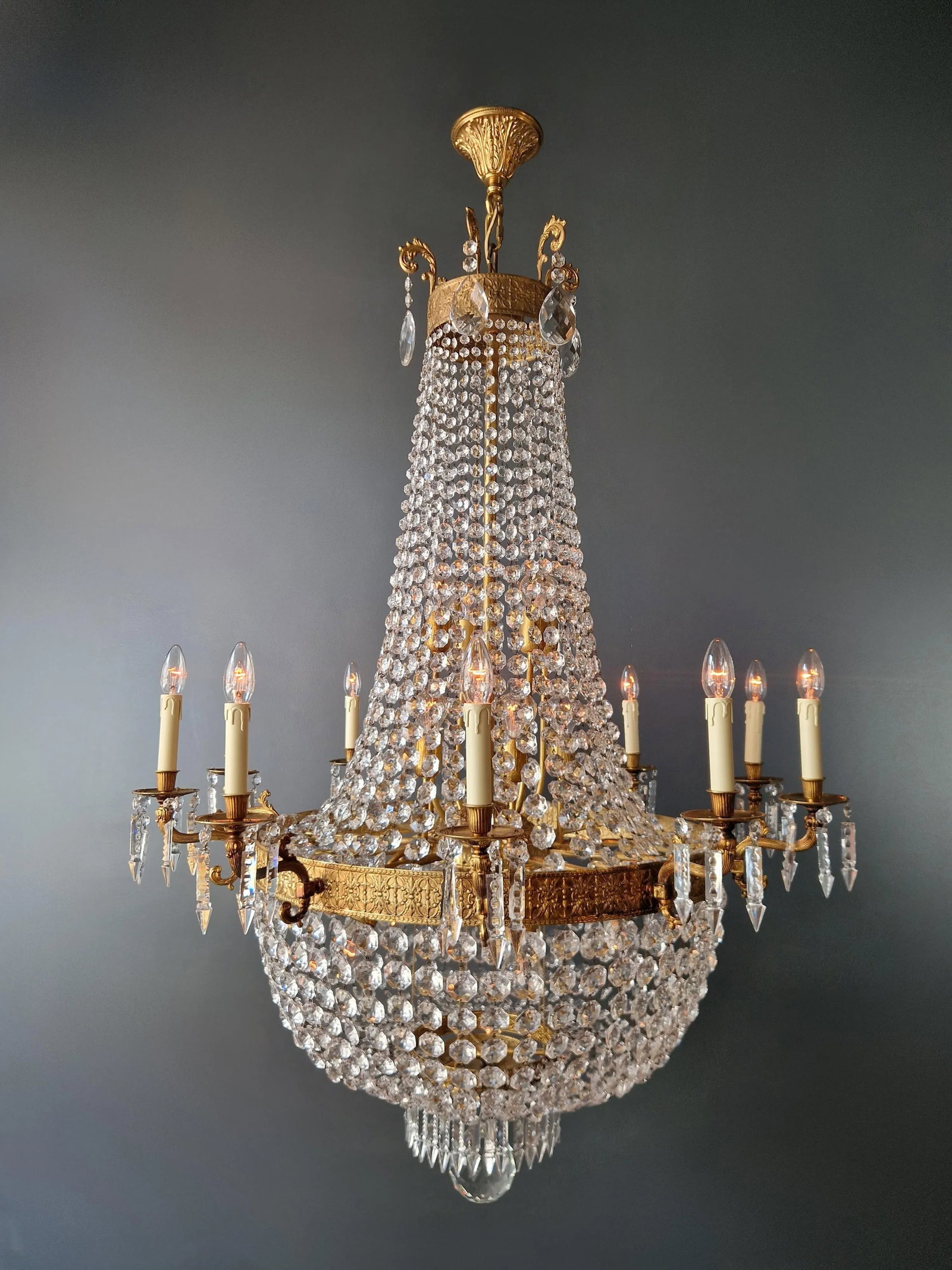 1910s Empire Brass Crystal Lustre Chandelier Ceiling Light - 8