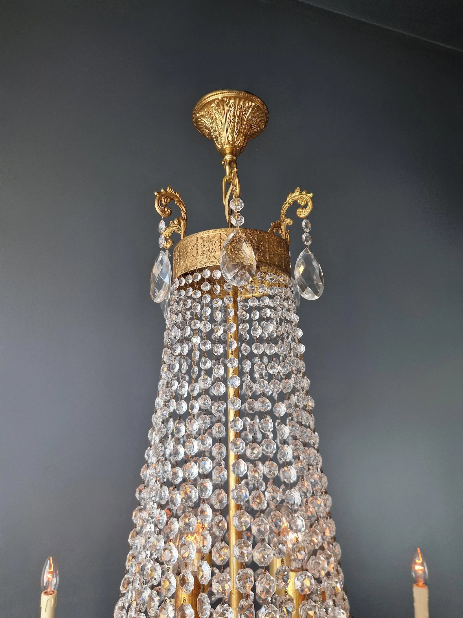 1910s Empire Brass Crystal Lustre Chandelier Ceiling Light - 9