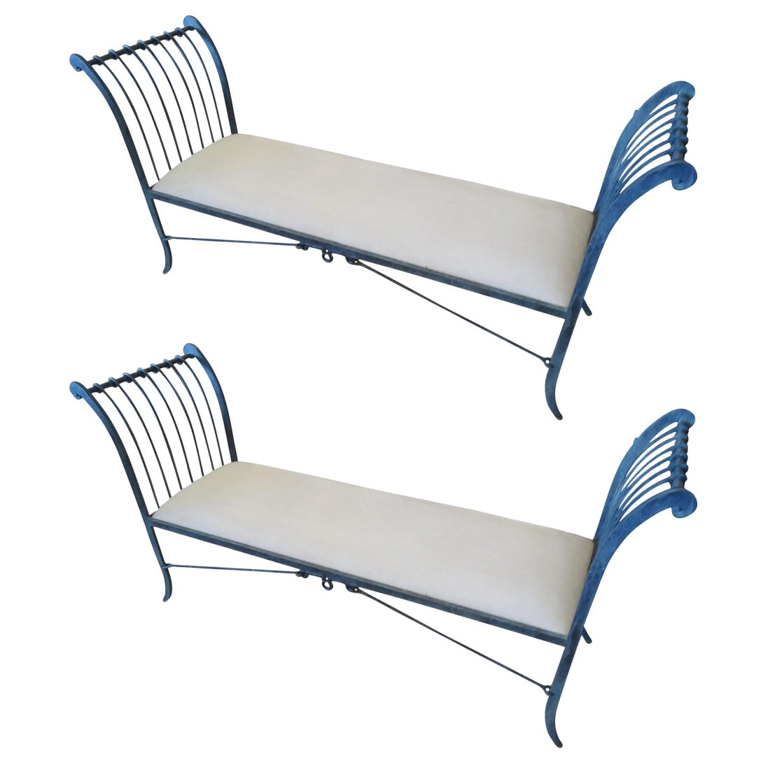 Neoclassical Iron Window Benches by Niermann Weeks - a Pair: Two elegant iron benches with a gorgeous slate and blue/green patina, neoclassical style with criss cross stretchers and upholstered seats. Niermann Weeks label underside. Condition: Alterations: