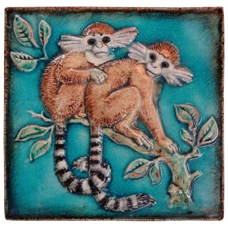 1920's Vintage Karlshrue Monkey Glazed Terracotta Tile - 7