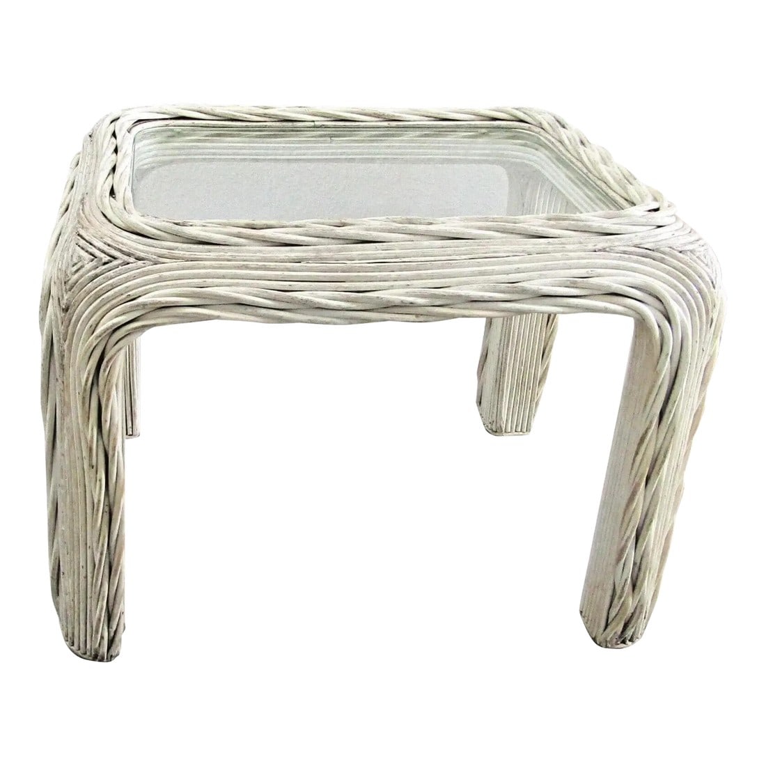 1970s Vintage Distressed White Twisted Rattan Side Table With Original Glass: Vintage Distressed White Twisted Rattan Side Table with Original Glass Vintage 1970s styling with rattan. Has original glass. Measures 30" long, 24" wide and 22" tall. Condition: Alterations: Original