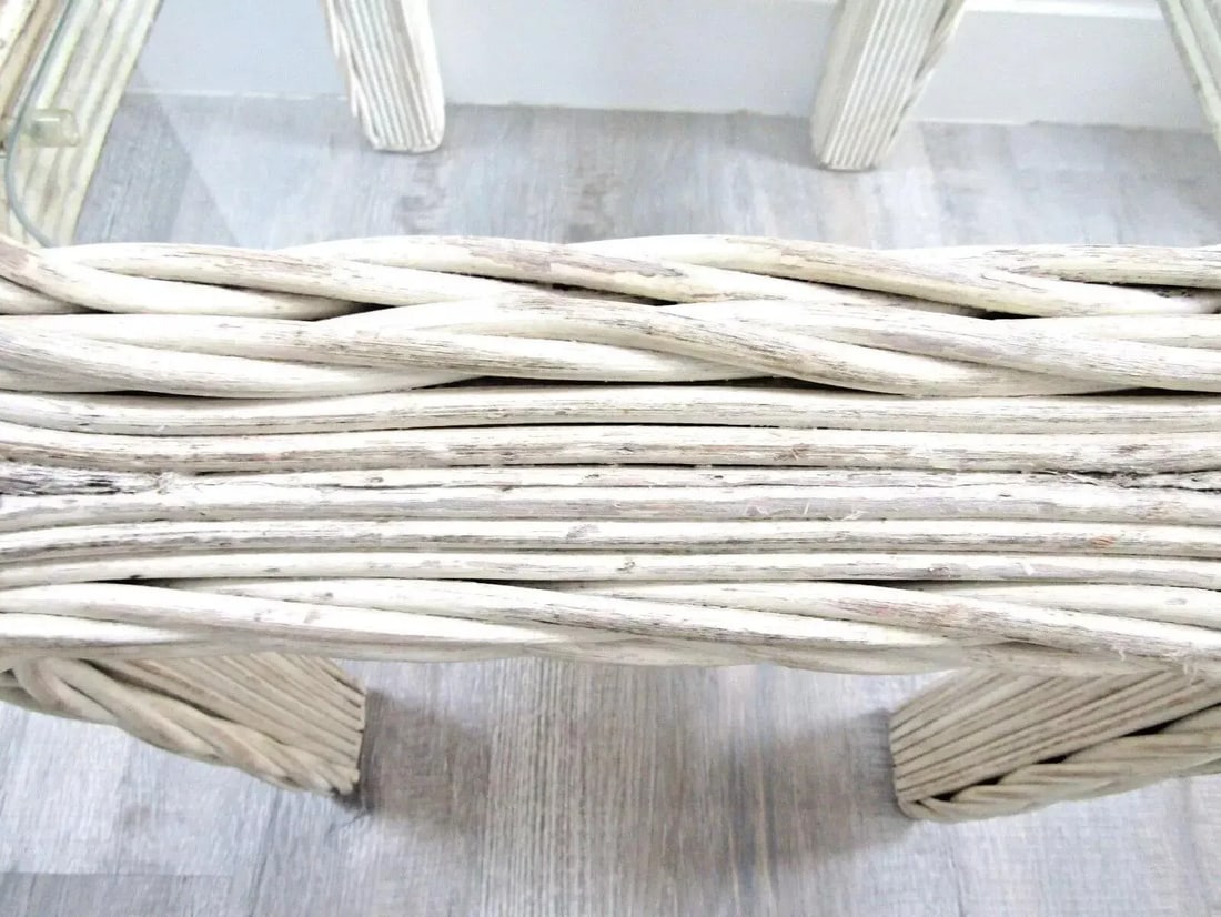 1970s Vintage Distressed White Twisted Rattan Side Table With Original Glass - 6
