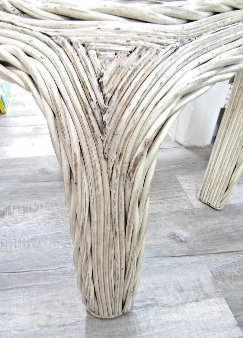 1970s Vintage Distressed White Twisted Rattan Side Table With Original Glass - 7