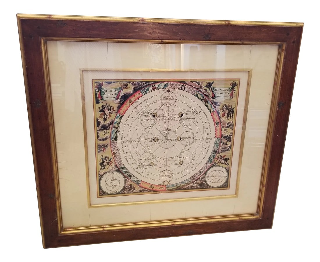 Custom Frame Celestial Map: Highly decorative plaster mat and custom framed print of a celestial map which is hand carved. The mat uses a very special old world technique of an elegant plaster with gold decorative edge. The cele