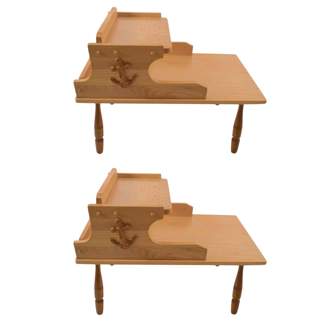 Nautical Theme Step End Tables - a Pair: Pair of nautical theme step end tables, with ships anchors applied to the sides, as shown. Priced and selling as a pair. These tables are part of a complete set we have listed, to include a sofa, loun
