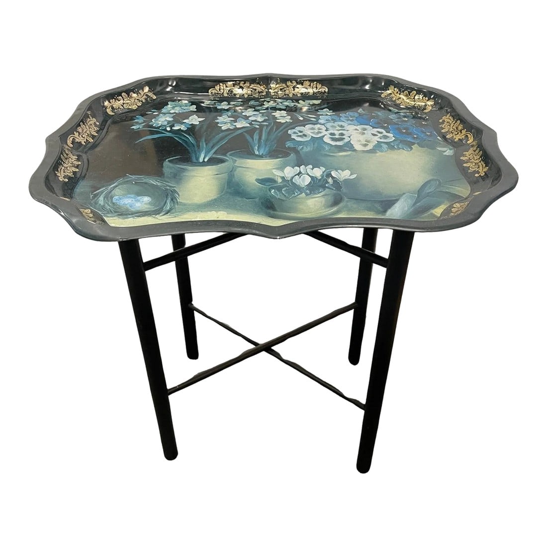 English Tole Tray Table with Floral Design, 20th Century: English Tole Tray Table with Floral Design, 19th Century. Marked "Ian Logan ' London". Painting by Lucy Neil, Made in the UK. Condition: Alterations: Unknown Imperfections: Some Imperfections