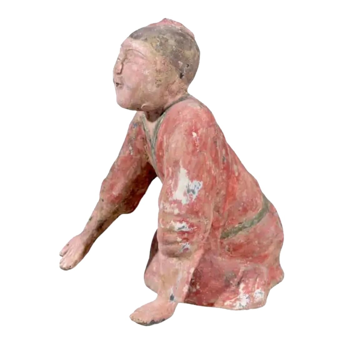 Early Chinese Polychromed Pottery Kneeling Figure: Early Antique Chinese Polychromed Pottery Kneeling tomb Figure. Pottery features a man in traditional Asian clothing of the day, kneeling. Sharp facial features including eyes, brows and mustache.