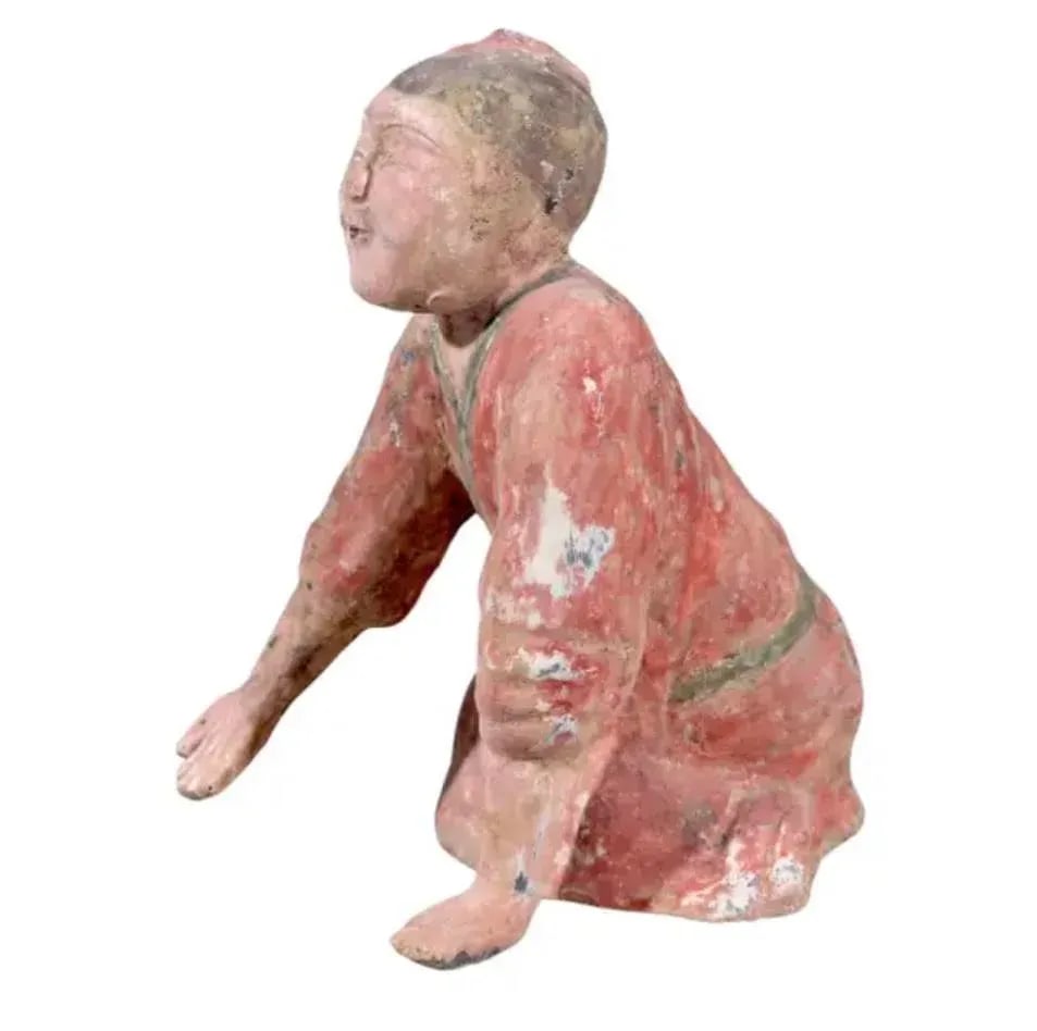 Early Chinese Polychromed Pottery Kneeling Figure - 7
