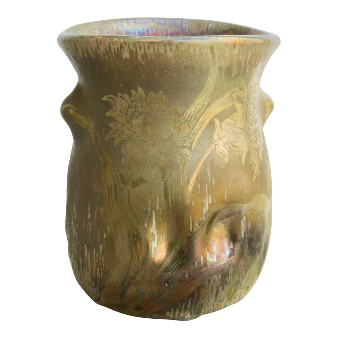 Luniville Keller and Guerin for Luniville Circa 1890s': Keller and Guerin for Luniville antique ceramic vase circa 1890s. Bearing the label of the Cleveland Museum of Art ex col. The vase is iridescent copper tone overall with a design of flowers and