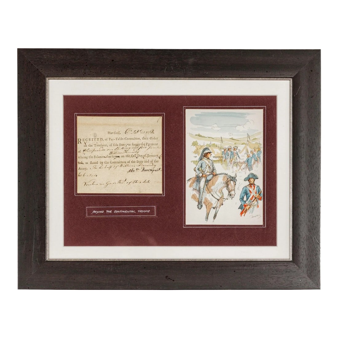 American Revolutionary 1780s War Bond, State of Connecticut in Custom Frame: An American Revolutionary war bond from the State of Connecticut from the late 18th century in custom black frame under glass. This late 18th-century American Revolutionary War bond from the State of