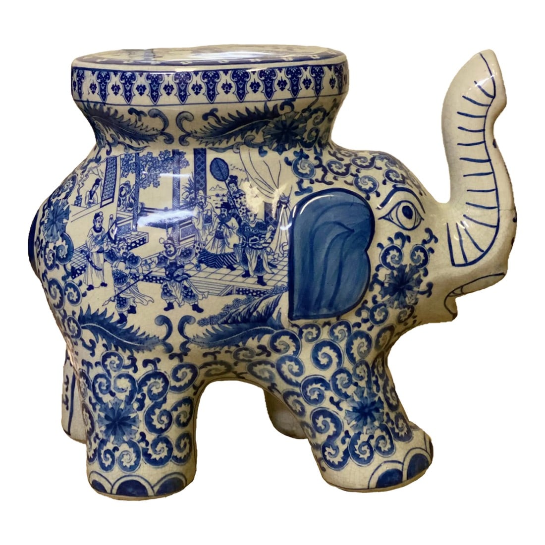 Late 20th Century Blue and White Porcelain Garden Stool: Blue and white porcelain elephnant stool. The fun design and classic color scheme make it a versatile piece, perfect for both decorative and functional use. Ideal for your outdoor space or as an