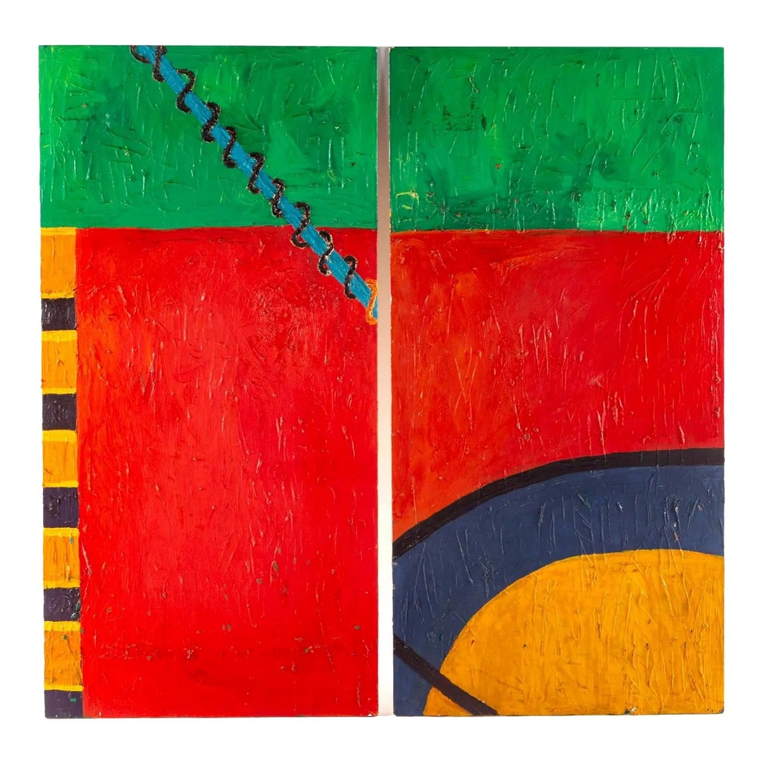 Late 20th Century Original Signed 48" Abstract Painting Diptych by Laura Wesley Ford: Laura Wesley Ford. A Pair of Abstracts, mixed media. Mixed media on wood, board size of both : Large Abstract Painting Diptych in bold red, green, blue and yellow makes a stunning splash of color. Dim