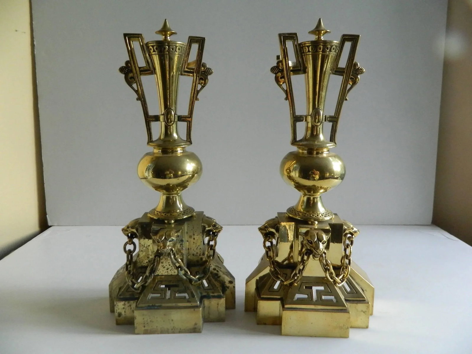 Polished Brass Chenets or Andirons, Panther Heads Motif, 19th Century - a Pair - 2