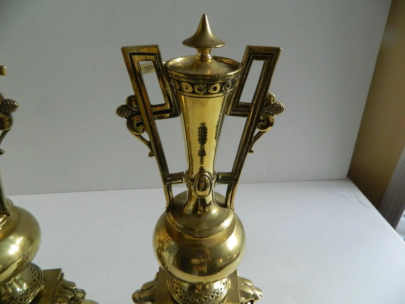 Polished Brass Chenets or Andirons, Panther Heads Motif, 19th Century - a Pair - 3