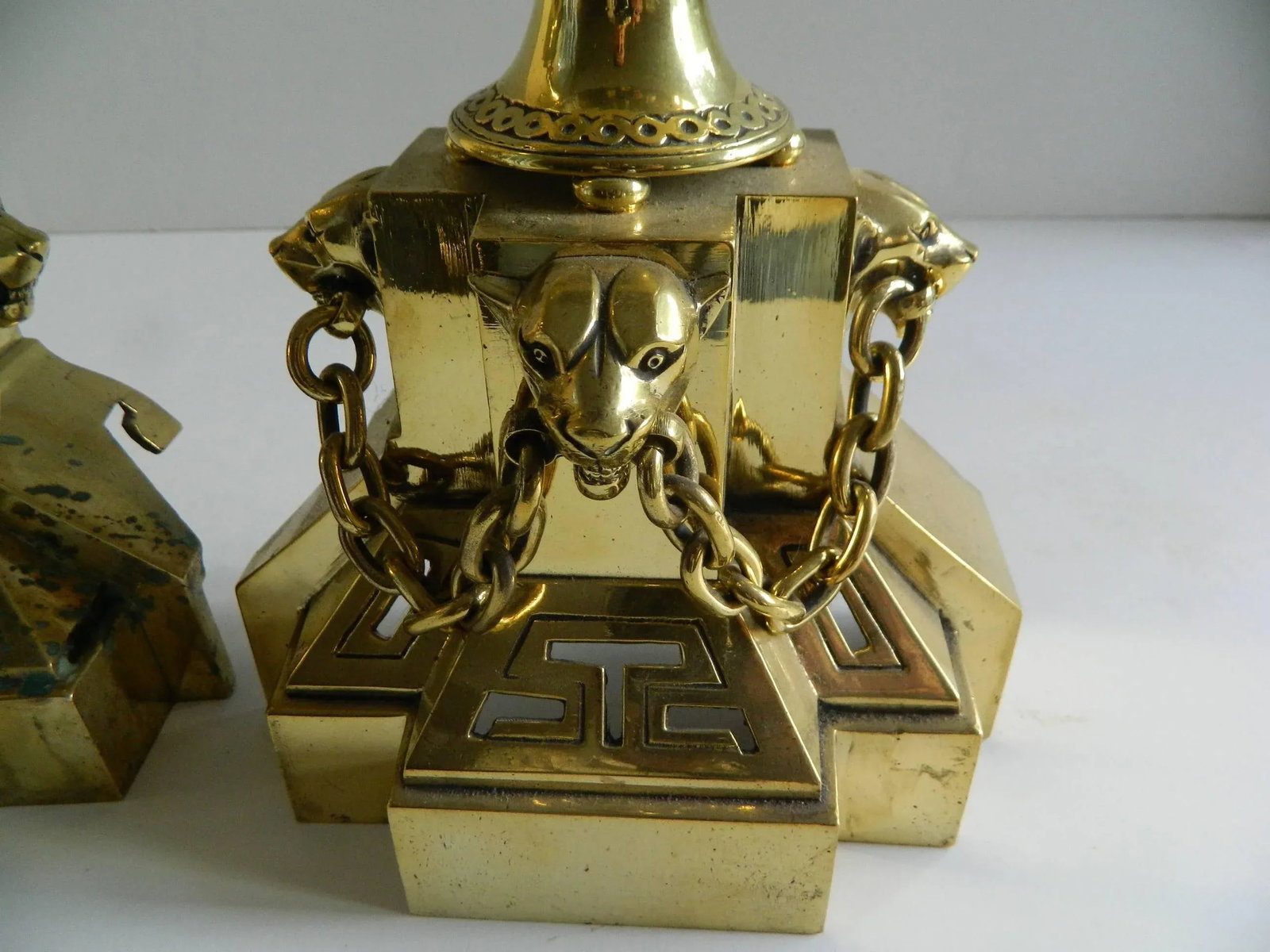 Polished Brass Chenets or Andirons, Panther Heads Motif, 19th Century - a Pair - 4