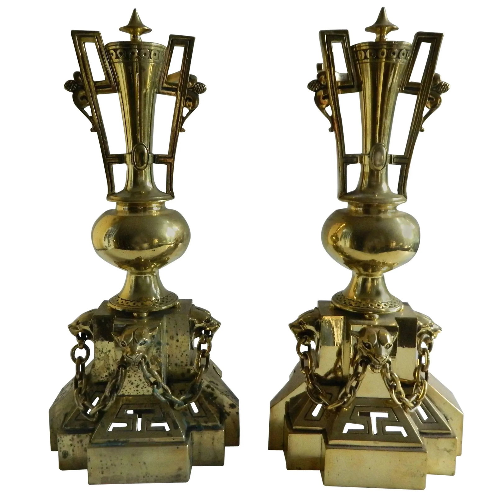 Polished Brass Chenets or Andirons, Panther Heads Motif, 19th Century - a Pair - 5