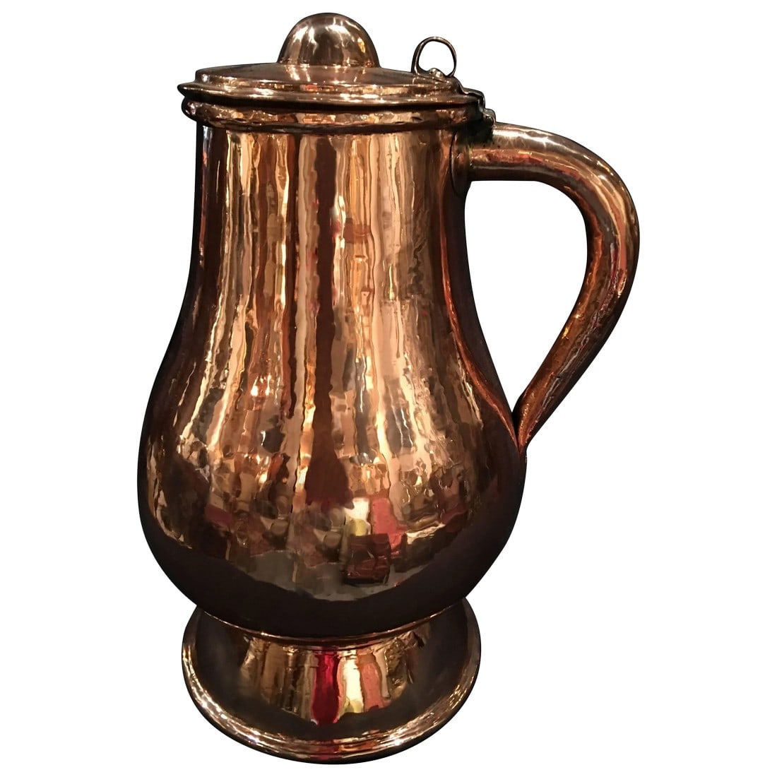 French Polished Copper Jug or Pitcher With Lid and Handle, 19th Century: French polished copper jug or pitcher with lid and handle, 19th century. Condition: Alterations: Original Condition Unaltered Imperfections: Some Imperfections Condition Notes: Excellent Wear