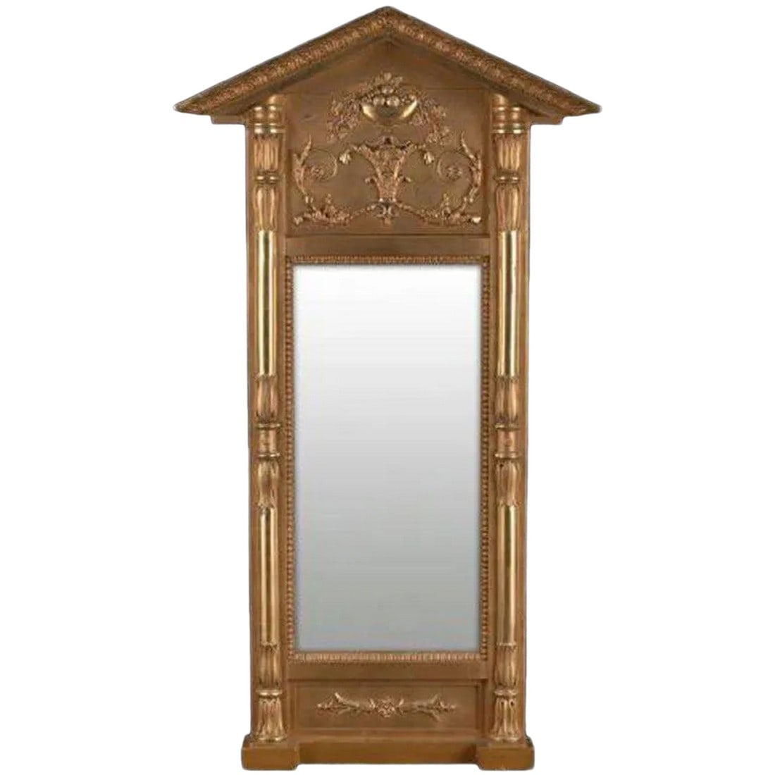Swedish Empire Gilt Wood Mirror, Early 19th Century: Early 19th Century Swedish Empire Giltwood Mirror, the deep triangular pediment with acanthine carving above a scrolling foliate and fruit urn frieze, the rectangular plate within a molded frame,