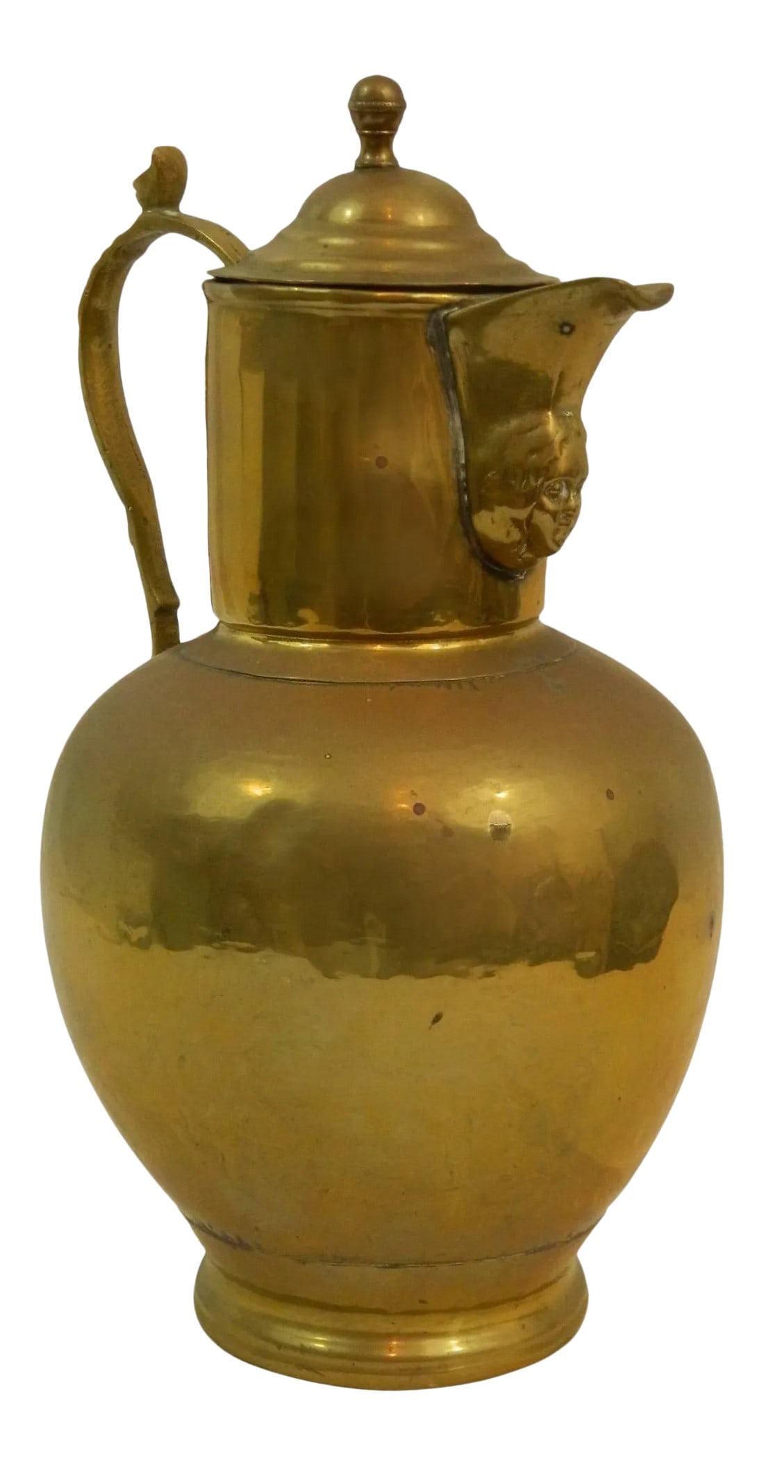 English Brass Wine Jug or Pitcher, 19th Century: English brass wine jug or pitcher, 19th century. Condition: Alterations: Unknown Imperfections: Some Imperfections Condition Notes: Excellent Wear consistent with age and use. Dimensions: Height: 14.2