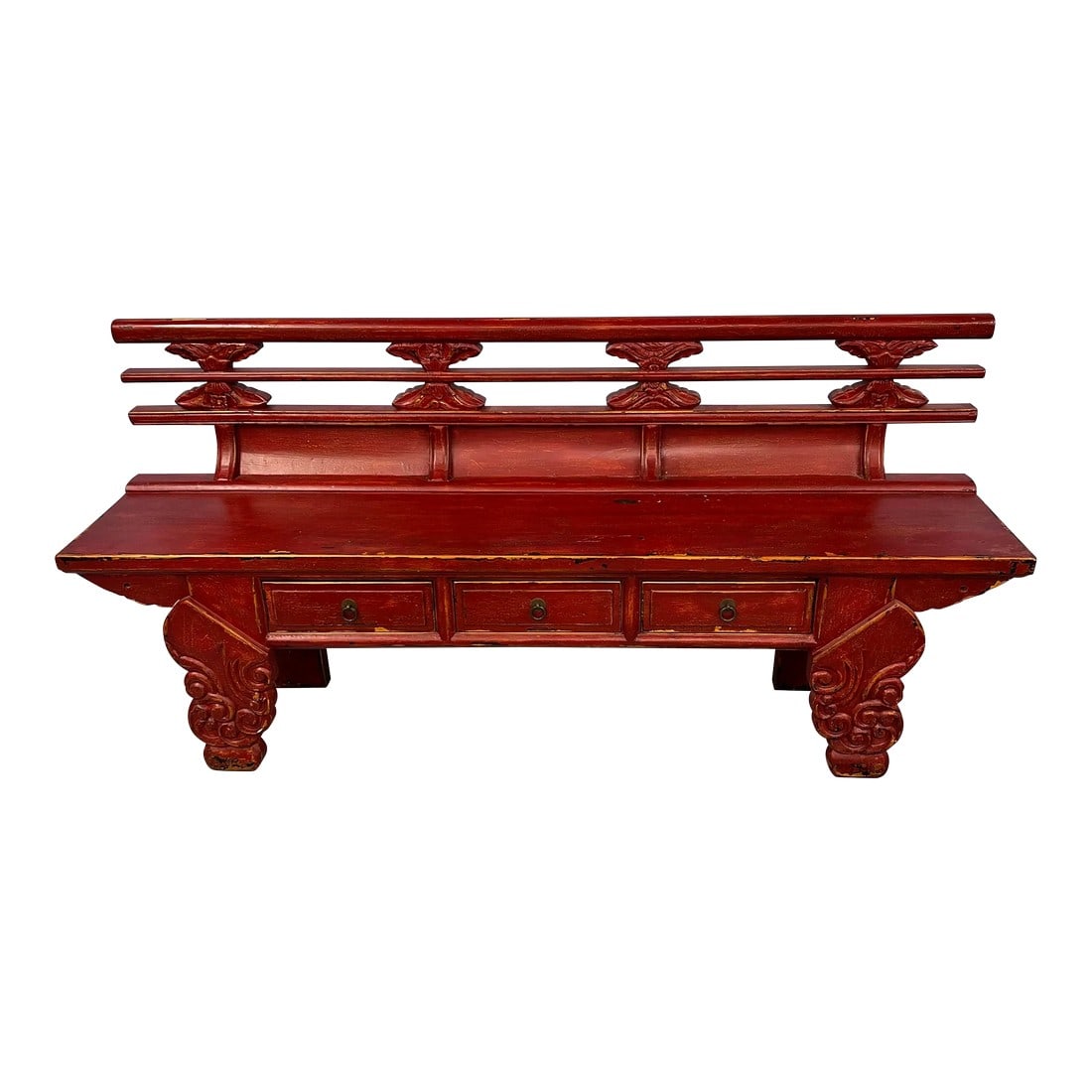 Red Lacquer Chinoiserie Bench W/ Storage Drawers: Red lacquer chinoiserie bench with 3 drawers for storage. High back features carved accents as do the legs. Measures 69" w x 17.5" d x 32" h. Seat height is 18.5" x 12" d. Minor distressing in all