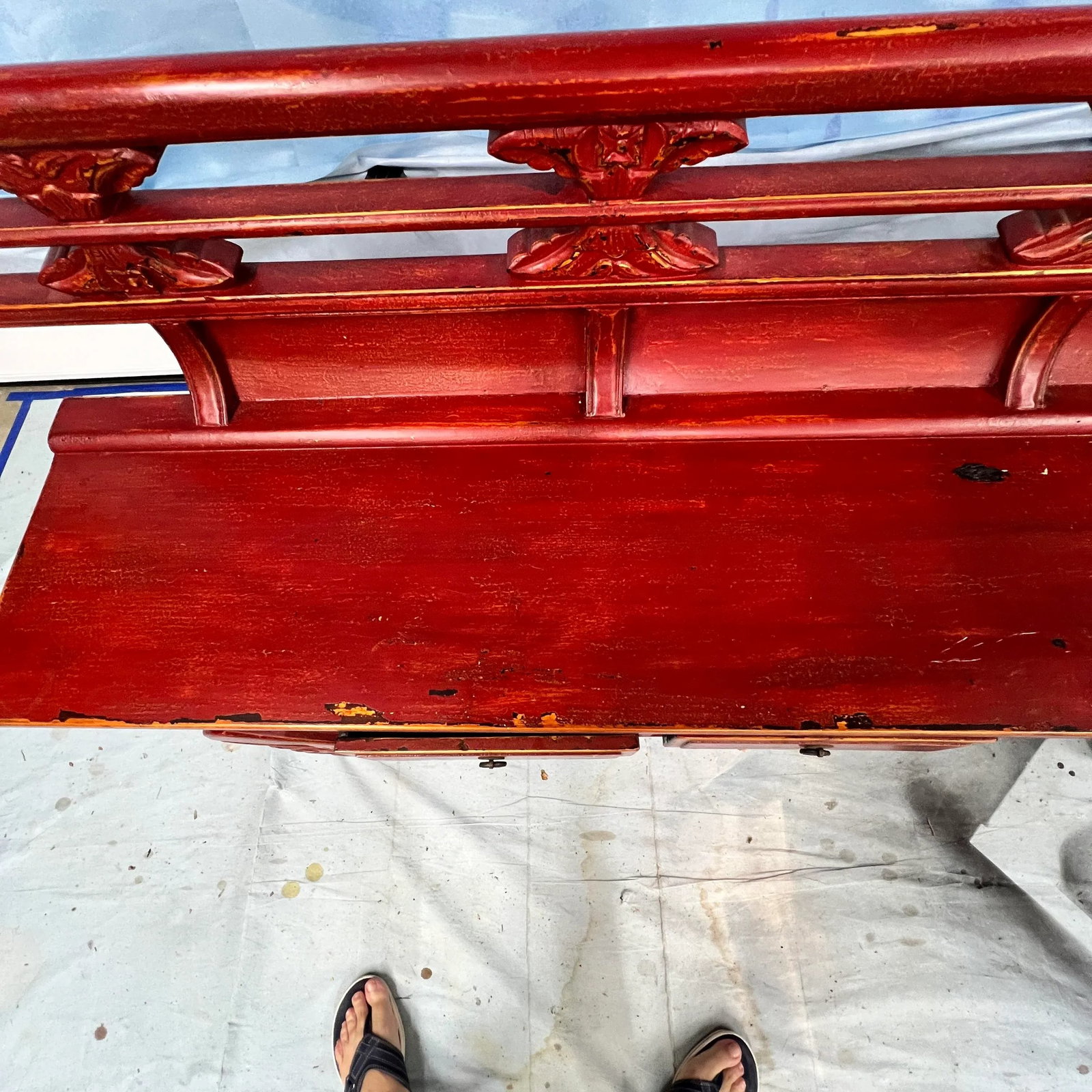Red Lacquer Chinoiserie Bench W/ Storage Drawers - 3