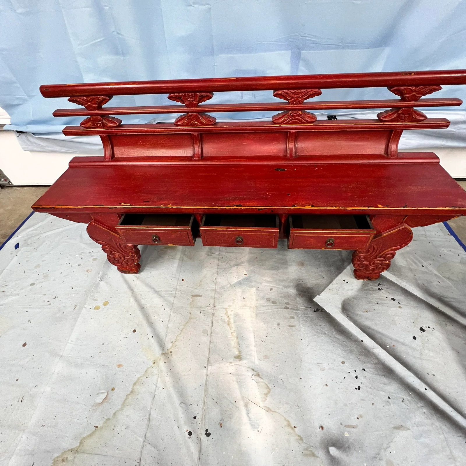 Red Lacquer Chinoiserie Bench W/ Storage Drawers - 4