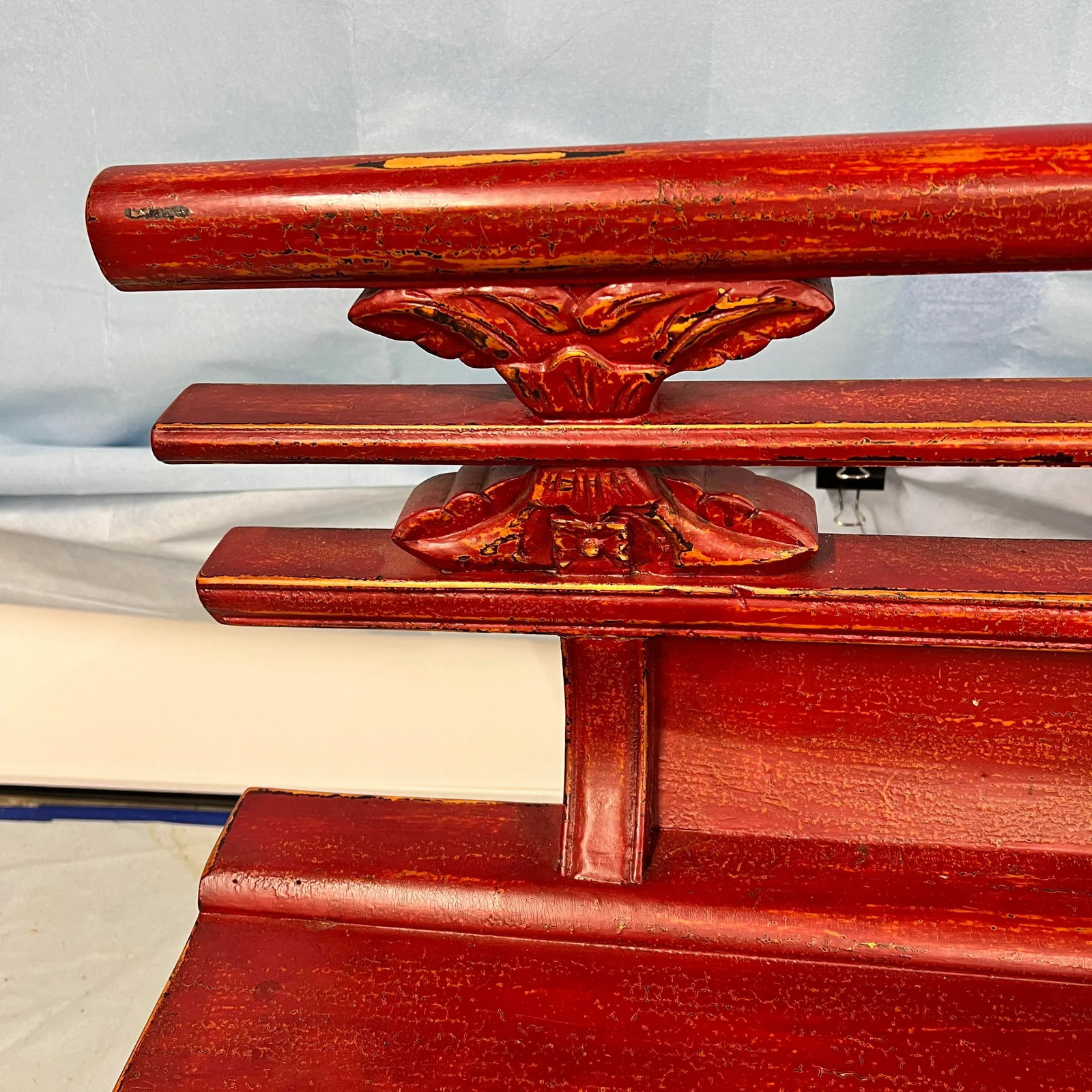 Red Lacquer Chinoiserie Bench W/ Storage Drawers - 5