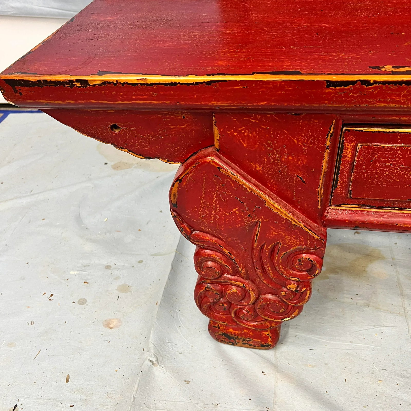 Red Lacquer Chinoiserie Bench W/ Storage Drawers - 6