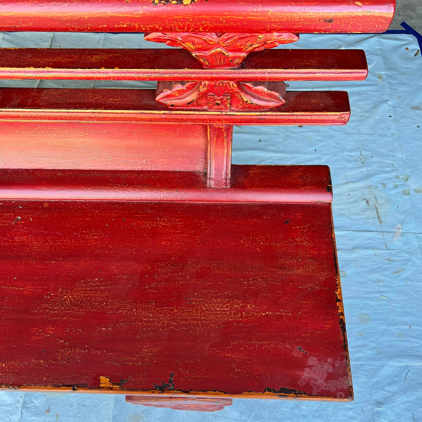 Red Lacquer Chinoiserie Bench W/ Storage Drawers - 8