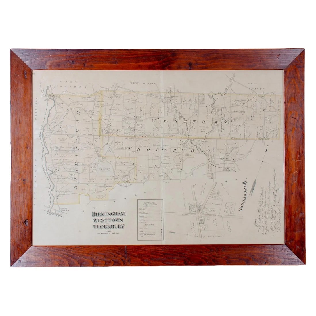 1883 Map of Birmingham, Westtown and Thornbury, Chester County, Pennsylvania: A map of Birmingham, Westtown, Thornbury from Kirk & Company's 1883 Atlas of Chester County. Framed in antique reclaimed beechwood. Sight: 26 by 18 inches Frame: 30 Â½ by 22 Â½