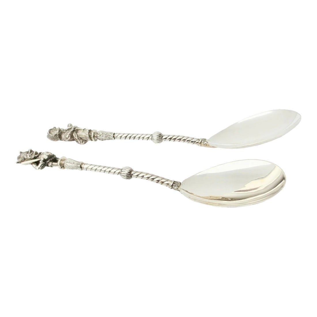 Sterling Silver English Punch & Judy Serving Spoons Dated 1893- a Set of 2: English sterling silver of the Punch and Judy figures on the handles of serving spoons. A popular pair of British folk characters. Large spoons with rope-turned stems and wide deep bowls. The pair are
