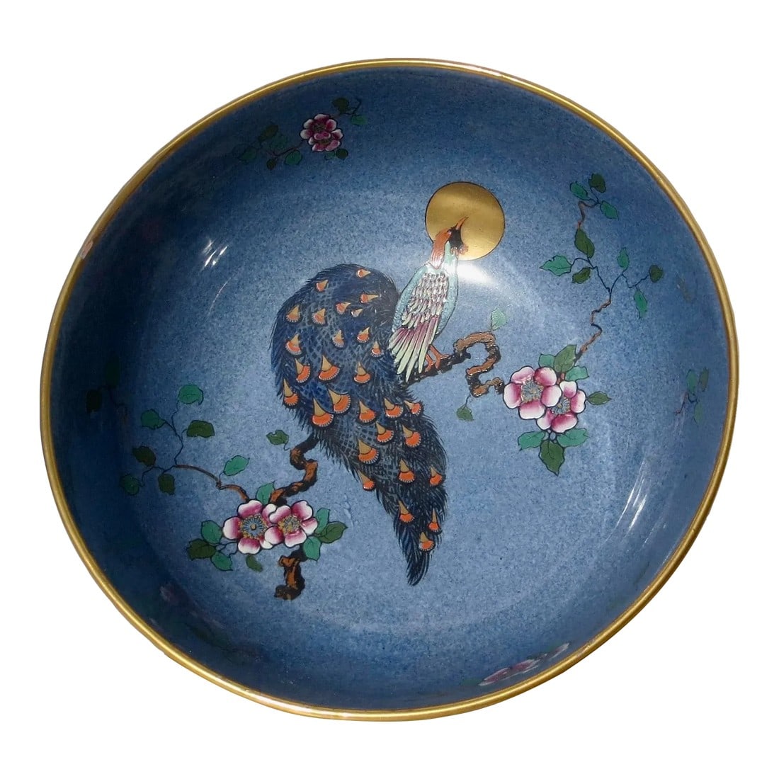 Cresent English Art Pottery Circa 20s: Fine British Art Deco pattern of the peacock by the the moon. Arts and Crafts or Art Deco theme, a romantic design with Asian art roots and with brilliant color. English ceramic bowl from the early