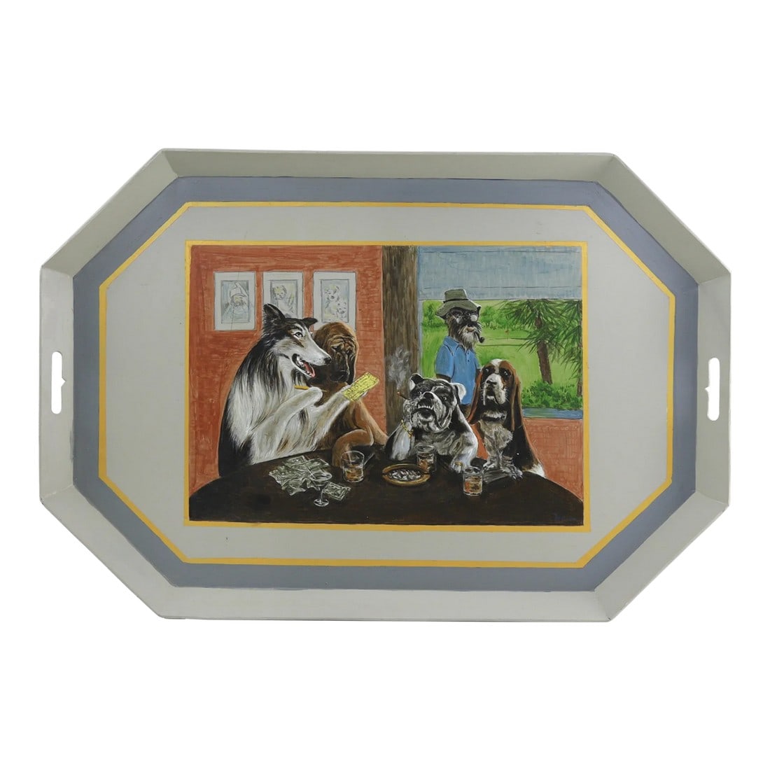 Vintage Iron Handmade Tray With Unique Puppy Playing Cards Scene: This handmade iron tower presents a group of dogs playing cards at the table in a humorous painting style. The dogs in the painting are unique and slightly funny as if they are in a fierce battle.