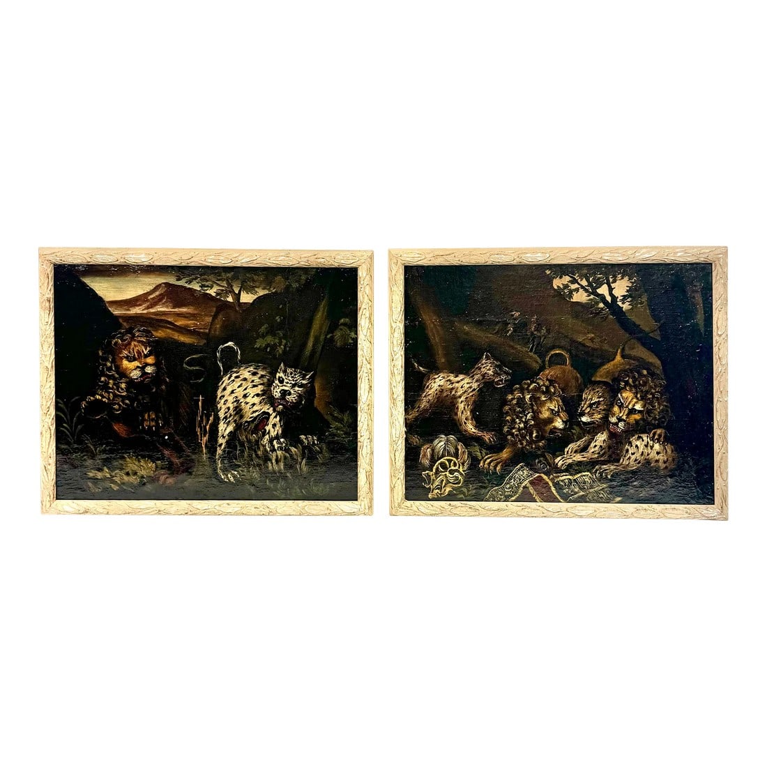 Pair of Italian School Lions and Leopards Paintings: Pair of stunning 17th / 18th Century Italian School oil on canvas mounted on board paintings of Lions and Leopards. Italian artists incorporated elements of naturalism and romanticism, portraying thes