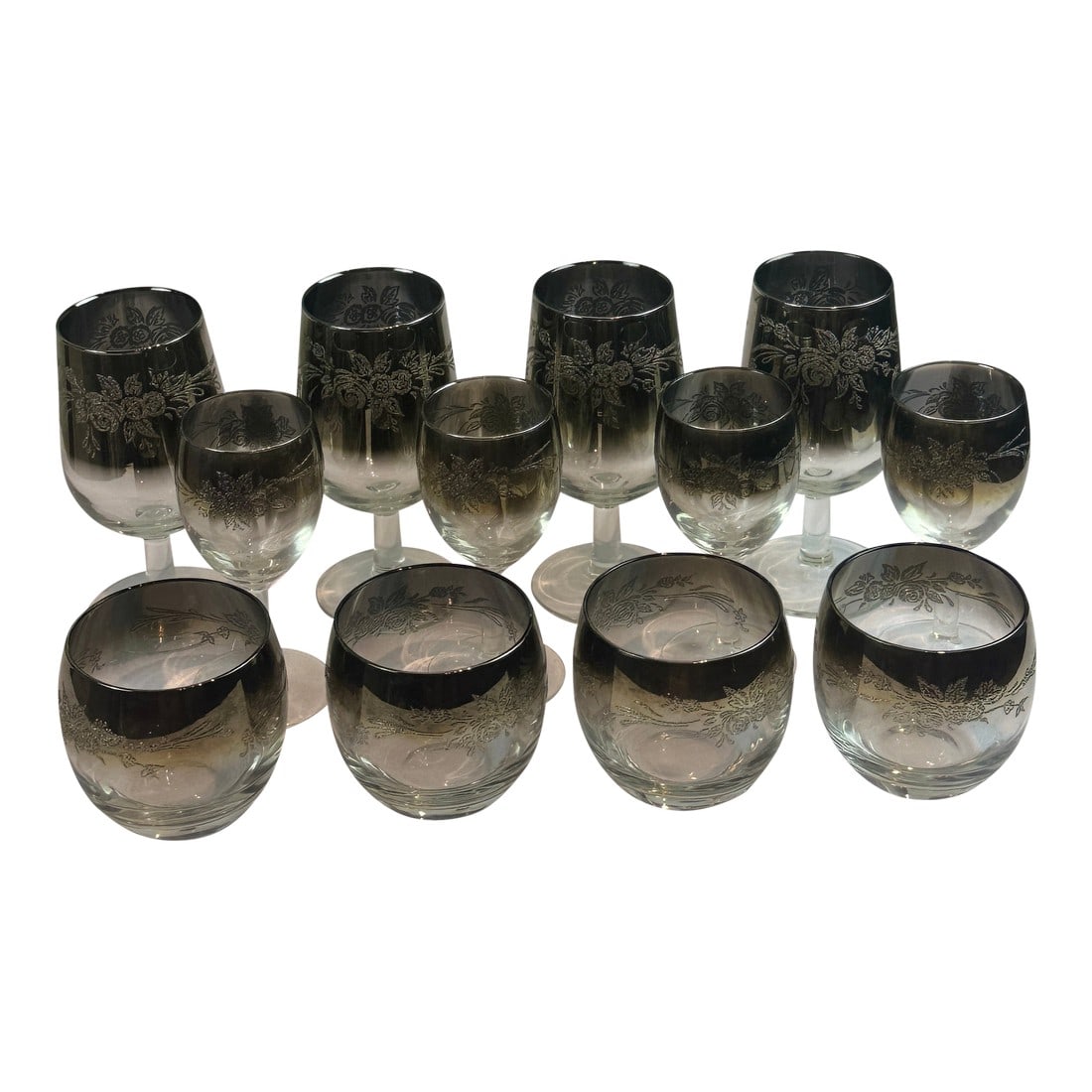 1970s Mid Century Vintage Floral Etched Queen Lusterware Silver Fade Ombre Cocktail Set, Made in Fra: Elevate your entertaining with this exquisite 1970s Mid Century/Retro Vintage Floral Etched Queen Lusterware Cocktail Set. This stunning set of 12 features a captivating silver fade Ombre design,