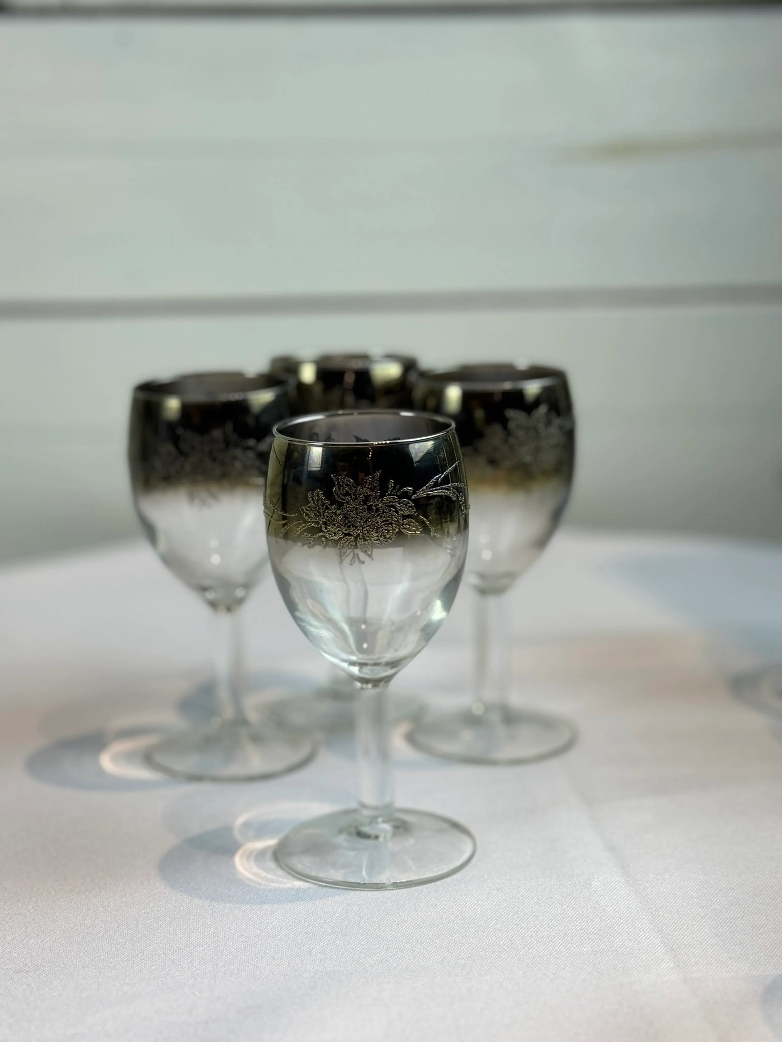 1970s Mid Century Vintage Floral Etched Queen Lusterware Silver Fade Ombre Cocktail Set, Made in Fra - 5