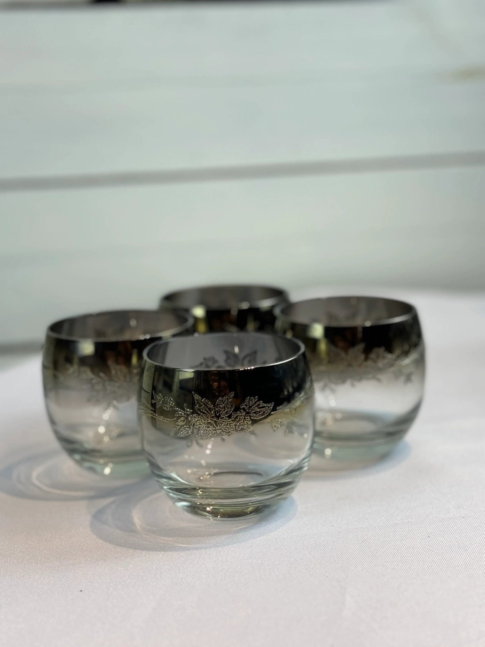 1970s Mid Century Vintage Floral Etched Queen Lusterware Silver Fade Ombre Cocktail Set, Made in Fra - 6