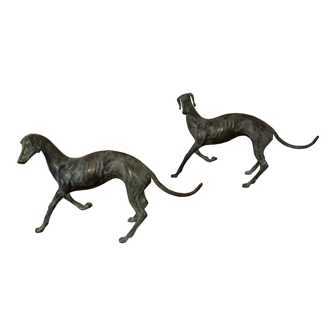 Standing Bronze Whippets Sculpture ~ a Pair: Beautiful vintage pair of bronze whippets freestanding, Good size and look to them patina due to age Condition: Alterations: Original Condition Unaltered Imperfections: Some Imperfections Condition
